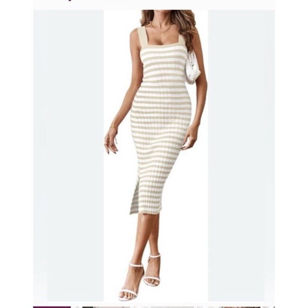 Merokeety Ribbed Striped Bodycon Dress Tan And Cream Size Small